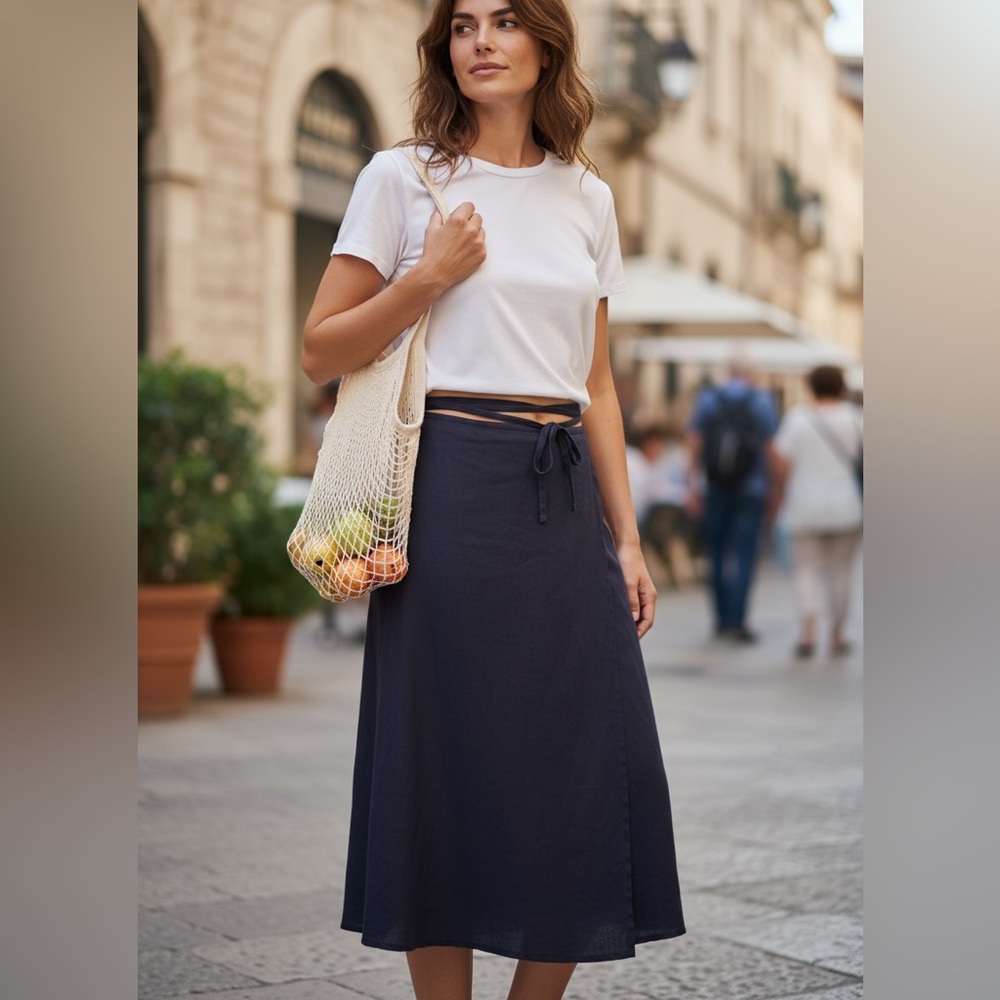 Tavira Maxi Wrap Skirt Andie NWT Navy | Linen Blend Flow Resort Sz Small/Medium
